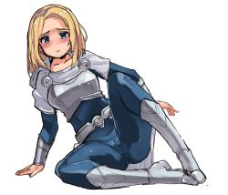 Rule 34 | 1girl, armor, ass, belt, blonde hair, blue bodysuit, blue eyes, blush, bodysuit, boots, bracer, breastplate, cameltoe, commentary request, forehead, hairband, highres, justeeeeth, knee boots, korean commentary, league of legends, lux (league of legends), short hair, simple background, sitting, sketch, solo, spread legs, white background