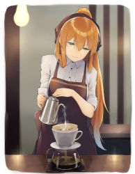 Rule 34 | 1girl, apron, aqua eyes, bad id, bad pixiv id, black apron, black ribbon, blue hair, blurry, blurry background, border, breasts, closed mouth, coffee, coffee filter, collared shirt, cup, dabuki, depth of field, girls&#039; frontline, gradient hair, hair ribbon, half-closed eyes, high ponytail, highres, holding, indoors, jug (bottle), light bulb, long hair, looking away, looking down, medium breasts, multicolored hair, orange hair, pink lips, ribbon, shirt, sleeves rolled up, smile, solo, springfield (girls&#039; frontline), steam, straight hair, table, upper body, very long hair, water, white border, white shirt, wing collar