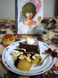 Rule 34 | 00s, 1boy, 2d dating, bags under eyes, cake, chocolate, death note, dessert, food, fruit, l (death note), lonely, male focus, moonpie, pastry, pear, photo (medium)