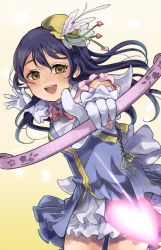 Rule 34 | 1girl, arrow (projectile), beniko08, blue hair, blush, bow (weapon), commentary request, cowboy shot, gloves, hair between eyes, hair ornament, heart, highres, holding, holding bow (weapon), holding weapon, long hair, looking at viewer, love live!, love live! school idol festival, love live! school idol project, open mouth, simple background, smile, solo, sonoda umi, weapon, white gloves, yellow eyes