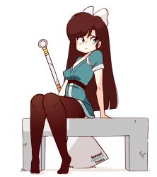 Rule 34 | 1girl, animated, animated gif, aqua eyes, aqua kimono, artist name, black hair, black thighhighs, blush, bow, breasts, chair, cleavage, cleft of venus, closed mouth, collarbone, crossed legs, dated, diives, english text, female focus, full body, hair bow, heart, highres, huge weapon, japanese clothes, kimono, knees together feet apart, kuonji ukyou, leg up, long hair, looking at viewer, looking to the side, medium breasts, no panties, open mouth, pussy, ranma 1/2, sash, short sleeves, signature, simple background, sitting, solo, spatula, spoken heart, spread legs, talking, text focus, thighhighs, uncensored, weapon, white background, white bow