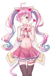 Rule 34 | 1girl, ;q, ahoge, animal ears, bare shoulders, black thighhighs, blouse, blue hair, blush, breasts, cat ears, cat girl, cat tail, cleavage, cleavage cutout, closed mouth, clothing cutout, collarbone, gradient hair, hairband, head tilt, heart, heart ahoge, highres, index finger raised, long hair, looking at viewer, makiaato, medium breasts, midriff, multicolored hair, navel, one eye closed, orange hairband, pink hair, pink ribbon, pink skirt, pleated skirt, ribbon, rosia (show by rock!!), shirt, show by rock!!, sidelocks, simple background, skirt, sleeveless, sleeveless shirt, smile, solo, striped ribbon, tail, thigh strap, thighhighs, tongue, tongue out, twintails, very long hair, white background, white shirt