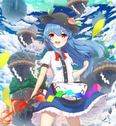 Rule 34 | 1girl, ambasa, aurora, black hat, blue hair, blue skirt, blue sky, bow, bowtie, clenched hand, cloud, cloudy sky, commentary request, day, falling petals, fire, floating, food, fruit, fruit hat ornament, hat, highres, hinanawi tenshi, holding, holding sword, holding weapon, keystone, leaf, leaf hat ornament, long hair, open mouth, peach, peach hat ornament, petals, puffy short sleeves, puffy sleeves, rainbow gradient, rainbow order, red bow, red bowtie, red eyes, rock, rope, shide, shimenawa, shirt, short sleeves, skirt, sky, smile, solo, sword, sword of hisou, touhou, weapon, white shirt, yellow petals