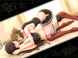 Rule 34 | 10s, 2girls, bed, black hair, brown hair, green eyes, holding hands, hand on another&#039;s head, k2-atelier, kantai collection, lying, midriff, multiple girls, mutsu (kancolle), nagato (kancolle), navel, no headwear, open mouth, panties, red eyes, thighhighs, underwear, unzipped, white panties, yuri