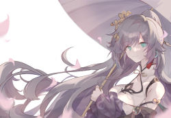 Rule 34 | 1girl, bare shoulders, black hair, blue eyes, china dress, chinese clothes, closed mouth, dress, earrings, fu hua, fu hua (azure empyrea), hair ornament, highres, holding, holding umbrella, honkai (series), honkai impact 3rd, jewelry, looking at viewer, oil-paper umbrella, petals, ponytail, simple background, single earring, smile, solo, suzunagi 00, umbrella, white background, white dress