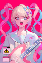 Rule 34 | 1girl, :d, blonde hair, blue bow, blue eyes, blue hair, blue nails, blue shirt, bow, chouzetsusaikawa tenshi-chan, collarbone, decora, guitar, hair bow, highres, holding, holding instrument, instrument, long hair, long sleeves, looking down, multicolored hair, multicolored nails, multiple hair bows, nail polish, needy girl overdose, open mouth, pink bow, pink hair, pink nails, purple bow, quad tails, sailor collar, school uniform, serafuku, shirt, simple background, smile, solo, standing, twintails, upper body, very long hair, yellow bow, youzi cha