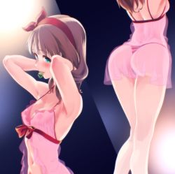 Rule 34 | 1girl, armpits, arms behind head, arms up, ass, back, backlighting, blue eyes, blush, bow, breasts, brown hair, chemise, commentary request, condom, condom in mouth, gradient background, hairband, hakkaku shikimi, heart, heart-shaped pupils, highres, idolmaster, idolmaster cinderella girls, lingerie, looking at viewer, medium breasts, mouth hold, multiple views, navel, nipples, panties, red bow, red hairband, red panties, sakuma mayu, see-through, smile, symbol-shaped pupils, thong, tongue, tongue out, underwear