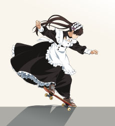 Rule 34 | 1girl, bow, brown footwear, brown hair, commentary, closed eyes, highres, long hair, maid, maid headdress, original, parted lips, purple bow, shoes, simple background, skateboard, skateboarding, sneakers, solo, suzushiro (suzushiro333), twintails, white background, white bow