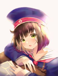 Rule 34 | 1girl, backlighting, bad id, bad pixiv id, blue hat, blue shirt, brown hair, commentary, girls&#039; frontline, green eyes, grey background, hat, long sleeves, looking at viewer, parted lips, red neckwear, sailor collar, shirt, short hair, simple background, sleeves past wrists, solo, symbol-only commentary, type 4 (girls&#039; frontline), upper body, v-shaped eyebrows, white sailor collar, zain (jiha3905)
