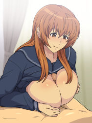 Rule 34 | 1boy, 1girl, breasts, brother and sister, brown hair, censored, dead or alive, greco roman (spiral brain), hayate (doa), hetero, highres, incest, kasumi (doa), large breasts, open clothes, open shirt, paizuri, penis, school uniform, shirt, siblings, tecmo