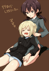 Rule 34 | 2girls, anger vein, angry, bad id, bad pixiv id, blonde hair, brown background, brown eyes, brown hair, closed eyes, drooling, erica hartmann, gertrud barkhorn, hair ribbon, kodamari, long hair, long sleeves, military, military uniform, multiple girls, open mouth, panties, ribbon, shaded face, short hair, simple background, sitting, sleeping, strike witches, translated, twintails, underwear, uniform, white panties, world witches series, zzz