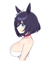 Rule 34 | 1girl, animal ears, bare shoulders, black hair, blue eyes, bow, breasts, chan co, choker, cleavage, commentary, ear ribbon, eishin flash (umamusume), horse ears, horse girl, large breasts, looking at viewer, red choker, short hair, simple background, solo, umamusume, upper body, white background