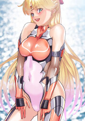 Rule 34 | 1girl, absurdres, aino minako, arion canvas, bishoujo senshi sailor moon, blonde hair, bow, breasts, gloves, green eyes, highleg, highleg leotard, highres, large breasts, leotard, long hair, looking at viewer, open mouth, red bow, sailor venus, smile, solo, taimanin (series), taimanin suit