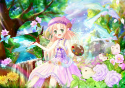 Rule 34 | 1girl, :d, art brush, bird, blonde hair, bug, butterfly, canvas (object), choker, daiso, dress, faux traditional media, feathers, flower, green eyes, hat, holding, bug, long hair, looking at viewer, oekaki musume, open mouth, original, paintbrush, painting (action), palette (object), pointy ears, purple dress, smile, solo focus, tree