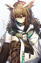 Rule 34 | 1girl, absurdres, ahoge, arknights, bracelet, brown hair, closed mouth, coat, coffee mug, cup, feather trim, feet out of frame, glasses, green sweater, highres, holding, holding cup, infection monitor (arknights), jewelry, long hair, looking at viewer, mug, open clothes, open coat, owl ears, penguin4, red eyes, round eyewear, scarf, silence (arknights), simple background, sitting, solo, sweater, white background, white coat, white scarf