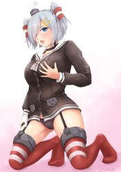 Rule 34 | 1girl, alternate hairstyle, amatsukaze (kancolle), amatsukaze (kancolle) (cosplay), black panties, blue eyes, blush, breasts, brown dress, choker, cosplay, dress, eyebrows, garter straps, gloves, hair over one eye, hair tubes, hamakaze (kancolle), hand on own chest, hat, highres, kantai collection, large breasts, lifebuoy, long hair, long sleeves, looking at viewer, open mouth, panties, short dress, short hair, short twintails, silver hair, simple background, single glove, swim ring, twintails, two side up, underwear, white gloves, yurashima