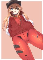 Rule 34 | 10s, 1girl, animal hat, bad id, bad pixiv id, blue eyes, cat hat, evangelion: 3.0 you can (not) redo, eyepatch, from below, hands in pockets, hat, jacket, jitome, long hair, neon genesis evangelion, open mouth, orange hair, outside border, plugsuit, rebuild of evangelion, solo, souryuu asuka langley, takuan (takuan0907), track jacket