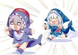 Rule 34 | 2girls, absurdres, alternate costume, animal costume, animal hood, blue hair, blue hoodie, chasing, chibi, commission, crossover, drooling, fins, fish tail, fleeing, gawr gura, gawr gura (1st costume), girls&#039; frontline, grey hair, hair between eyes, hat, highres, hololive, hololive english, hood, hoodie, long sleeves, m200 (girls&#039; frontline), multicolored hair, multiple girls, open mouth, outstretched arms, running, scared, second-party source, shaded face, shark costume, shark hood, shark tail, sharp teeth, short hair, simple background, smoke trail, sparkling eyes, streaked hair, tail, teardrop, tears, teeth, virtual youtuber, white background, white hair, yuutama2804