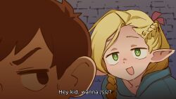 Rule 34 | 1boy, 1girl, 4chan, assertive female, blonde hair, braid, brick wall, brown hair, chilchuck tims, commentary, dungeon meshi, elf, english text, female pervert, green eyes, hetero, highres, jitome, long braid, long hair, looking at another, marcille donato, meme, naughty face, open mouth, orenji (orenjipiiru), pervert, pointy ears, robe, short hair, smile, subtitled, sweatdrop