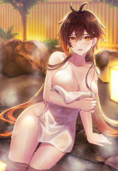 Rule 34 | 1girl, areola slip, blurry, blurry background, blush, breasts, brown hair, commentary request, covering breasts, covering privates, eyeliner, genderswap, genderswap (mtf), genshin impact, gradient hair, hair between eyes, highres, large breasts, long hair, looking at viewer, makeup, multicolored hair, naked towel, nude, nude cover, onsen, open mouth, orange hair, ritsu (re710pngn), smile, solo, steam, towel, water, wet, wet hair, yellow eyes, zhongli (genshin impact)