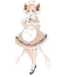 Rule 34 | 1girl, absurdres, ahoge, alternate costume, apron, blue eyes, blush, bow, bowtie, breasts, brooch, brown bow, brown bowtie, brown dress, brown footwear, buri tora, closed mouth, commentary request, dress, enmaided, expressionless, full body, gloves, hair bow, heart, heart hands, highres, jewelry, kisaki anko, looking at viewer, maid, mary janes, medium bangs, nanashi inc., pink hair, puffy short sleeves, puffy sleeves, shoes, short hair, short sleeves, short twintails, small breasts, socks, solo, standing, striped clothes, striped dress, transparent background, twintails, vertical-striped clothes, vertical-striped dress, virtual youtuber, white apron, white gloves, white socks