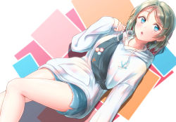 Rule 34 | 1girl, bare legs, blue eyes, blue shorts, earrings, hair intakes, hood, hood down, hooded sweater, jewelry, long sleeves, looking at viewer, love live!, love live! sunshine!!, lying, on back, open mouth, short hair, short shorts, shorts, silver hair, solo, sweater, toine, watanabe you, white sweater