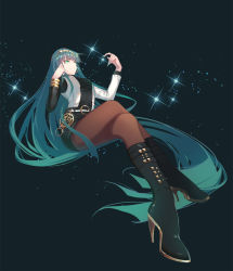 Rule 34 | 1girl, absurdly long hair, boots, bracelet, cleopatra (fate), closed mouth, commentary request, crossed legs, earrings, fate/grand order, fate (series), fingernails, full body, green eyes, green hair, green nails, hairband, high heel boots, high heels, highres, hoop earrings, invisible chair, jewelry, long fingernails, long hair, nail polish, pantyhose, shorts, sitting, solo, sparkle, very long hair, xion32
