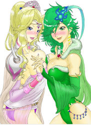 Rule 34 | 1990s (style), 2girls, armor, ass, belt, blonde hair, blue eyes, blush, breast press, breasts, bridal gauntlets, cape, cleavage, crown, detached sleeves, earrings, final fantasy, final fantasy iv, gold lips, green eyes, green hair, hair ornament, holding hands, horns, jewelry, large breasts, leotard, lips, lipstick, long hair, makeup, multiple girls, aged up, pink lips, ponytail, rosa farrell, rydia (ff4), shuninshunin, smile, star (symbol), symmetrical docking, tiara, yuri