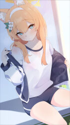 Rule 34 | 1girl, alternate costume, animal ears, blonde hair, blue archive, blurry, blurry background, blush, breasts, cat ears, closed mouth, collarbone, flower, hair between eyes, hair flower, hair ornament, halo, headband, highres, jacket, long hair, looking at viewer, mari (blue archive), shijima (shizima 03), shorts, sitting, small breasts, solo