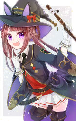 Rule 34 | 1girl, belt, blush, boots, brown hair, gloves, hair rings, hat, highres, horse girl, jacket, long hair, looking at viewer, necktie, open mouth, purple eyes, raticol, ribbon, solo, sweep tosho (umamusume), swept bangs, thigh boots, twintails, umamusume, wand, witch hat