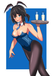 Rule 34 | 1girl, absurdres, agachi (shunya12300724), aged up, alcohol, alternate breast size, animal ears, black hair, black pantyhose, blue background, blue leotard, blue necktie, border, breasts, champagne, champagne flute, commentary request, cup, detached collar, drink, drinking glass, fake animal ears, fubuki (kancolle), highres, kantai collection, leotard, long hair, looking at viewer, low ponytail, medium breasts, necktie, open mouth, pantyhose, playboy bunny, ponytail, rabbit ears, short ponytail, sidelocks, smile, solo, strapless, strapless leotard, tray, two-tone background, white border, wine glass