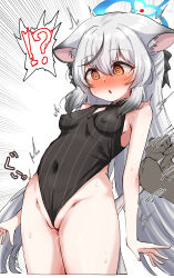 Rule 34 | !?, 1girl, animal ears, bare arms, black dress, black hair, blue archive, blush, breasts, cleavage cutout, cleft of venus, clothing cutout, covered erect nipples, covered navel, dress, frontal wedgie, grey hair, hair between eyes, halo, highres, kokona (blue archive), long hair, machismo fuji, multicolored hair, open mouth, partially visible vulva, pelvic curtain, pussy juice, small breasts, solo focus, streaked hair, striped clothes, striped dress, very long hair, yellow eyes