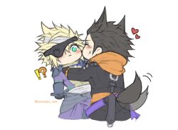 Rule 34 | !?, 2boys, absurdres, animal ears, arm armor, armor, bandaged head, bandaged torso, bandages, belt, black gloves, black hair, black jacket, blonde hair, blush, bodysuit, chibi, closed eyes, cloud strife, commentary, cross scar, dog boy, dog ears, dog tail, eyepatch, facial scar, final fantasy, final fantasy vii, final fantasy vii ever crisis, gloves, green eyes, halloween, halloween costume, heart, highres, hood, hood down, hoodie, jacket, licking, licking another&#039;s cheek, licking another&#039;s face, long sleeves, male focus, messa mo, multiple boys, official alternate costume, orange hoodie, pauldrons, scar, scar on cheek, scar on face, short hair, shoulder armor, simple background, skin tight, spiked hair, spiked jacket, spikes, spoken heart, tail, tail wagging, upper body, white background, yaoi, zack fair