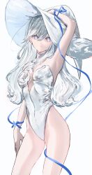 Rule 34 | 1girl, absurdres, armpits, blue eyes, breasts, cleavage, cowboy shot, gawako, hat, highres, leotard, long hair, looking at viewer, medium breasts, original, parted lips, revision, ribbon, simple background, solo, thighs, white background, white hair, white leotard, witch, witch hat, wrist ribbon
