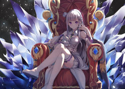 Rule 34 | 10s, 1girl, arm rest, backlighting, bad id, bad pixiv id, bare shoulders, blunt bangs, blush, boots, braid, breasts, cleavage, cleavage cutout, closed mouth, clothing cutout, cosmicsnic, creature, crossed legs, crown braid, crystal, dress, emilia (re:zero), flower, foreshortening, grey panties, hair flower, hair ornament, hand up, headpat, highres, light particles, long hair, long sleeves, looking at viewer, medium breasts, panties, pantyshot, puck (re:zero), re:zero kara hajimeru isekai seikatsu, short dress, shoulder cutout, sidelocks, sitting, smile, tareme, thigh boots, thighhighs, throne, underwear, upskirt, very long hair, white dress, white footwear, wide sleeves, x hair ornament