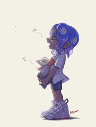 Rule 34 | 1boy, artist name, beamed eighth notes, black shorts, blue hair, blue tongue, carrying, closed eyes, collared shirt, colored tongue, commentary request, dark-skinned male, dark skin, eighth note, fangs, high tops, highres, male focus, medium hair, musical note, nintendo, octoling, octoling boy, octoling player character, open mouth, parted bangs, pointy ears, profile, red hair, salmonid, shirt, shoes, short shorts, short sleeves, shorts, sidelocks, simple background, smallfry (splatoon), sneakers, splatoon (series), splatoon hawo, standing, suction cups, tentacle hair, tongue, white background, white footwear, white shirt