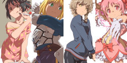 Rule 34 | 4girls, aiming, aiming at viewer, amane suzuha, aonori misuji, armor, armored dress, arms up, artoria pendragon (all), artoria pendragon (fate), bike shorts, black hair, blonde hair, blue dress, blue jacket, bow, bow (weapon), braid, breastplate, breasts, bubble skirt, closed mouth, commentary request, dress, facepaint, fate/stay night, fate (series), faulds, frilled skirt, frills, gauntlets, gloves, glowing, green eyes, gun, hair bow, hair ribbon, handgun, holding, holding bow (weapon), holding gun, holding weapon, jacket, kaname madoka, kimi no na wa., long sleeves, looking at viewer, looking to the side, magical girl, mahou shoujo madoka magica, mahou shoujo madoka magica (anime), marker, medium breasts, miyamizu mitsuha, multiple girls, outstretched arm, pink dress, pink eyes, pink hair, polka dot, polka dot dress, puffy sleeves, red bow, red ribbon, ribbon, saber (fate), short hair, short twintails, skirt, sleepwear, steins;gate, tongue, tongue out, twin braids, twintails, v-shaped eyebrows, weapon, white gloves, yellow eyes