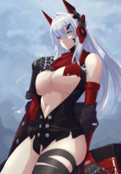 Rule 34 | 1girl, alpha (punishing: gray raven), bare shoulders, black gloves, breasts, cleavage, closed mouth, cloud, elbow gloves, gloves, grey eyes, hair between eyes, hair ornament, hairclip, headgear, heterochromia, highres, large breasts, long hair, looking at viewer, lucia: crimson abyss (punishing: gray raven), lucia (punishing: gray raven), mechanical arms, navel, outdoors, punishing: gray raven, red eyes, red scarf, scarf, sky, solo, task baron, thighhighs, thighs, torn clothes, underboob, very long hair, weapon, white hair, yellow eyes