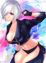 Rule 34 | 1girl, angel (kof), black jacket, blue eyes, bra, breasts, chaps, cropped jacket, horns pose, fingerless gloves, gloves, hair over one eye, highres, index fingers raised, jacket, large breasts, leather, leather jacket, looking at viewer, midriff, mixx-to, navel, snk, strapless, strapless bra, the king of fighters, the king of fighters xiv, toned, underwear, white hair
