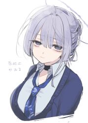 Rule 34 | 1girl, bags under eyes, black choker, blazer, blue jacket, blue necktie, choker, collared shirt, commentary request, grey eyes, grey hair, hair bun, halo, highres, itokonoue kaoru, jacket, looking at viewer, loose necktie, necktie, portrait, project kv, shirt, smile, solo, urewi, white shirt