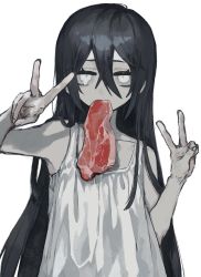 Rule 34 | 1girl, black hair, commentary, double v, dress, food, hair between eyes, highres, long hair, looking at viewer, meat, mouth hold, original, pale skin, raw meat, simple background, sleeveless, sleeveless dress, solo, symbol-only commentary, taezuodoru 0, v, very long hair, white background, white dress, white eyes
