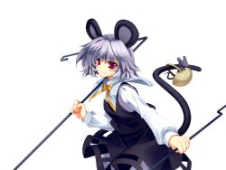 Rule 34 | 1girl, animal ears, female focus, game cg, grey hair, jewelry, mouse (animal), mouse ears, mouse tail, nazrin, non-web source, red eyes, riv (rivleaf), solo, tail, touhou, transparent background