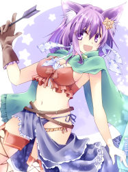 Rule 34 | 1girl, :d, animal ears, aqua scarf, arrow (projectile), artist name, bashira (sennen sensou aigis), breasts, brown gloves, cat ears, cleavage, flower, gloves, hair flower, hair ornament, highres, holding, holding arrow, looking at viewer, medium breasts, medium hair, midriff, navel, open mouth, purple eyes, purple hair, red legwear, scarf, sennen sensou aigis, simple background, single glove, smile, solo, standing, tamak rui