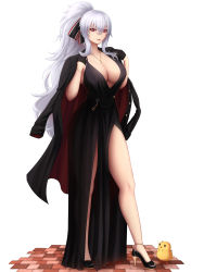 Rule 34 | 1girl, anchor necklace, anklet, azur lane, black coat, black dress, black gloves, breasts, cleavage, coat, cross, dress, gloves, graf zeppelin (azur lane), hair between eyes, hair ribbon, high heels, highres, iron cross, jacket, jacket on shoulders, jewelry, large breasts, long hair, looking at viewer, manjuu (azur lane), necklace, open clothes, open coat, parted lips, pelvic curtain, ponytail, red eyes, ribbon, silver hair, solo, thighs, very long hair, zaphn