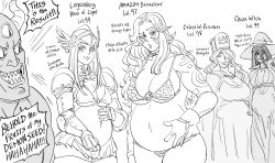 Rule 34 | 1boy, 4girls, :d, absurdres, armor, bad id, bb (baalbuddy), bikini armor, blush, breasts, chainmail, cleavage, closed eyes, closed mouth, commentary, dark-skinned male, dark skin, demon horns, english commentary, english text, facial mark, gauntlets, gloves, greyscale, hair between eyes, harem, hat, helmet, highres, horns, inactive account, large breasts, long hair, looking at viewer, mail, miniskirt, mitre, monochrome, multiple girls, navel, open mouth, original, parted lips, pauldrons, pleated skirt, pregnant, sharp teeth, shoulder armor, simple background, skirt, slit pupils, smile, teeth, third eye, white background, winged helmet, witch, witch hat