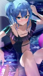 Rule 34 | 2girls, alternate costume, asymmetrical hair, black choker, black one-piece swimsuit, blue eyes, blue hair, blue ribbon, blurry, blush, bokeh, breasts, choker, closed mouth, clothing cutout, collarbone, commentary, depth of field, eyelashes, feet out of frame, frilled one-piece swimsuit, frills, hair ribbon, highres, hololive, hoshimachi suisei, light blue hair, looking at viewer, medium hair, minato aqua, multiple girls, navel, one-piece swimsuit, panda 0035, partially submerged, pool, pov, ribbon, side ponytail, sitting, small breasts, solo focus, star (symbol), star in eye, stomach, stomach cutout, striped ribbon, swimsuit, symbol in eye, virtual youtuber, wet