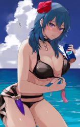Rule 34 | 1girl, bare shoulders, bikini, black bikini, blue hair, blue sky, blush, breasts, byleth (female) (fire emblem), byleth (female) (summer) (fire emblem), byleth (fire emblem), can, choker, cleavage, closed mouth, clothes pull, cloud, collarbone, commentary request, cowboy shot, embarrassed, eyebrows hidden by hair, eyelashes, feet out of frame, fire emblem, fire emblem: three houses, fire emblem heroes, flower, groin, hair between eyes, hair flower, hair ornament, highres, holding, holding can, knife, large breasts, leaning forward, long hair, looking at viewer, midriff, nintendo, nose blush, ocean, official alternate costume, one-piece swimsuit pull, purple eyes, shadow, sheath, sidelocks, sky, solo, standing, swimsuit, thighs, w (1999 kyu)