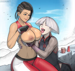 Rule 34 | 2girls, a.k.i. (street fighter), asymmetrical hair, azucena milagros ortiz castillo, black hair, breasts, claw ring, clothes lift, coffee mug, cornrows, crossover, cup, dark nipples, earrings, erodrunky, grabbing, grabbing another&#039;s breast, grey hair, highres, impossible hair, jewelry, large breasts, licking, licking nipple, mug, multiple girls, nipple stimulation, nipples, shirt lift, smile, street fighter, street fighter 6, tassel, tassel earrings, tekken, tekken 8, yuri