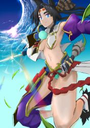 Rule 34 | 1girl, armpits, black hair, blue eyes, blue panties, blue sky, breast curtain, breasts, closed mouth, cloud, commentary request, detached sleeves, fate/grand order, fate (series), fujibori, hair ornament, hat, highres, holding, holding sword, holding weapon, japanese clothes, jumping, katana, long hair, looking at viewer, medium breasts, navel, no bra, panties, parted bangs, revealing clothes, sheath, sky, smile, solo, stomach, sunlight, sword, tate eboshi, underwear, ushiwakamaru (fate), weapon