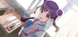 Rule 34 | 1girl, absurdres, armband, backlighting, blue ribbon, blush, bottle, bow, breasts, brown hair, chair, chocolate, cleavage, collarbone, curtains, desk, double bun, food, grey shirt, hair bow, hair bun, highres, holding, holding food, holding towel, idolmaster, idolmaster shiny colors, indoors, jacket, long hair, long sleeves, looking at viewer, medium breasts, multicolored clothes, neck ribbon, open mouth, paper, paper chain, pleated skirt, red eyes, ribbon, safety pin, school chair, school desk, scrunchie, shirt, skirt, smile, solo, sonoda chiyoko, standing, sunlight, sweatdrop, towel, twintails, water bottle, window, zelo6